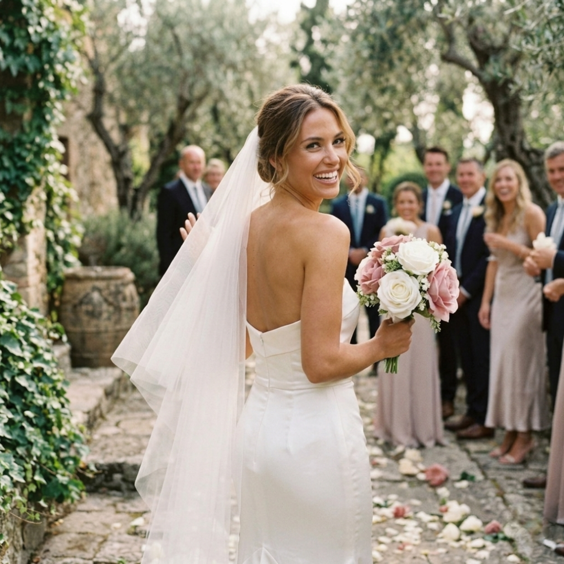 Bride holding a dusty rose and ivory bridesmaid bouquet at an outdoor wedding