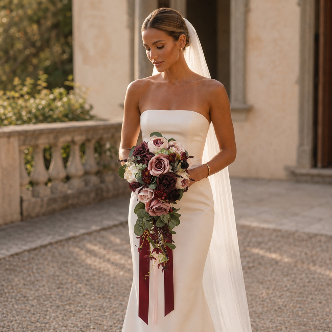 Bride in a strapless gown looking down at her burgundy and dusty rose cascading bouquet outdoors