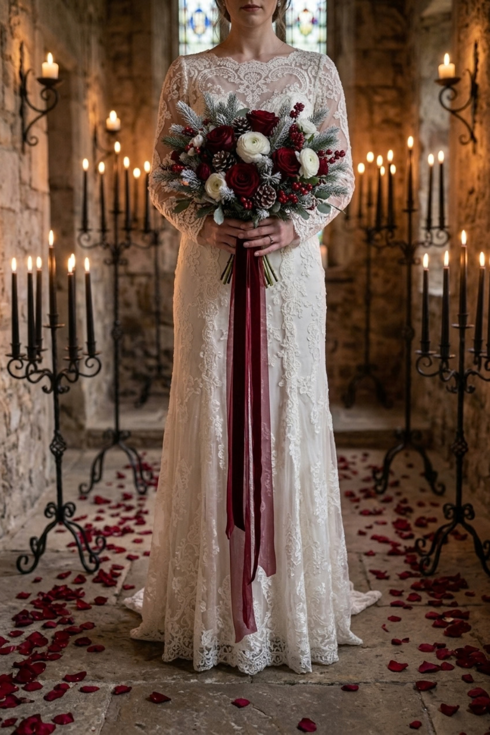 Bride in an ivory lace gown holding a cascading burgundy rose bouquet in a candlelit stone chapel with red petals on the aisle