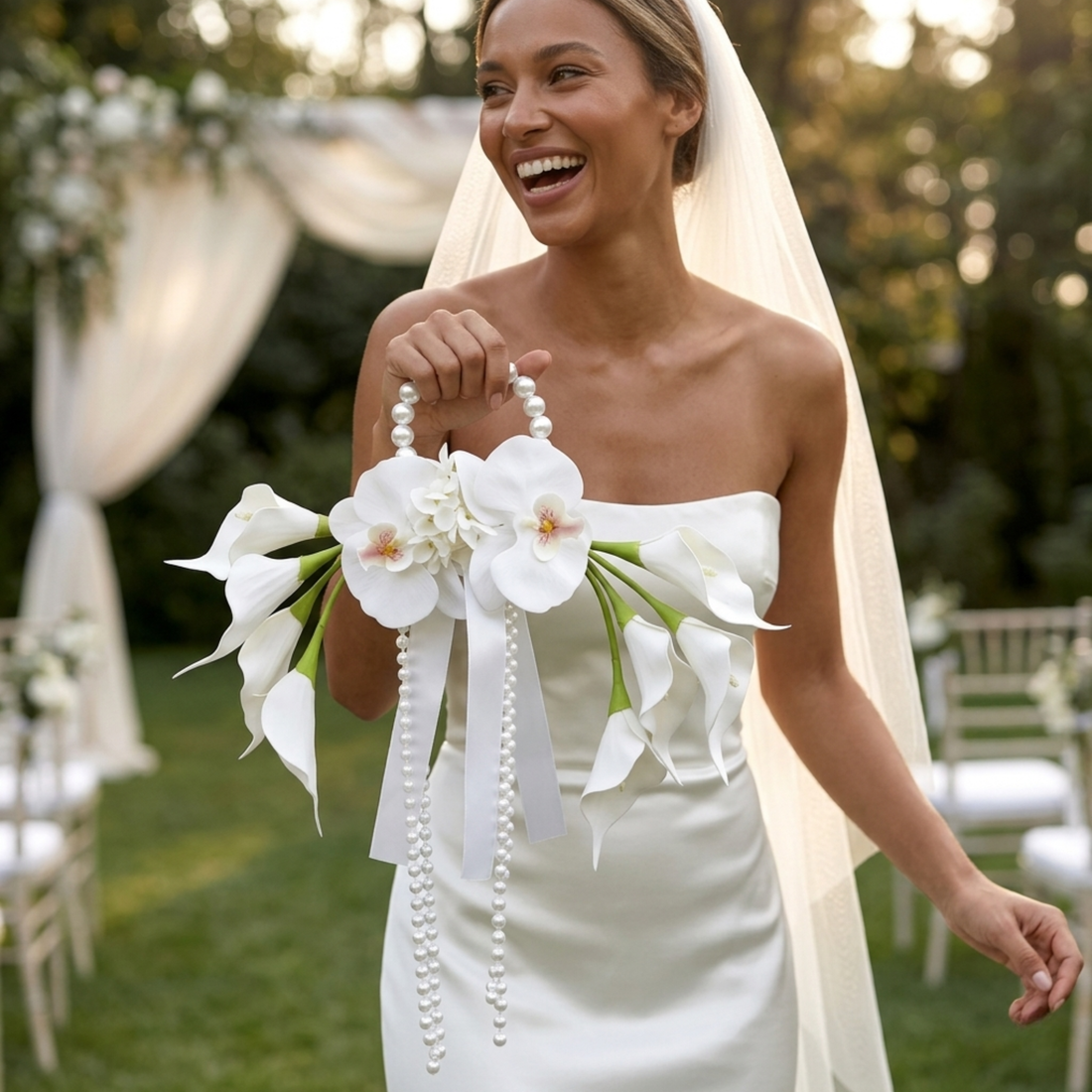 Bride holding a white calla lily and orchid pearl wedding bouquet