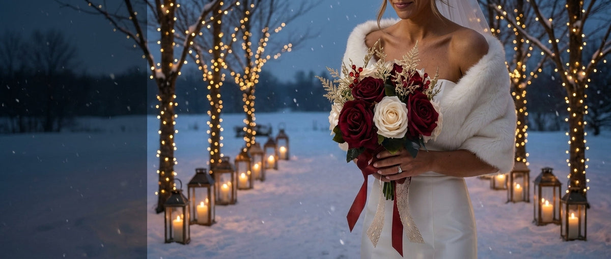 Bride holding a burgundy and ivory silk rose bouquet at a candlelit winter wedding ceremony aisle