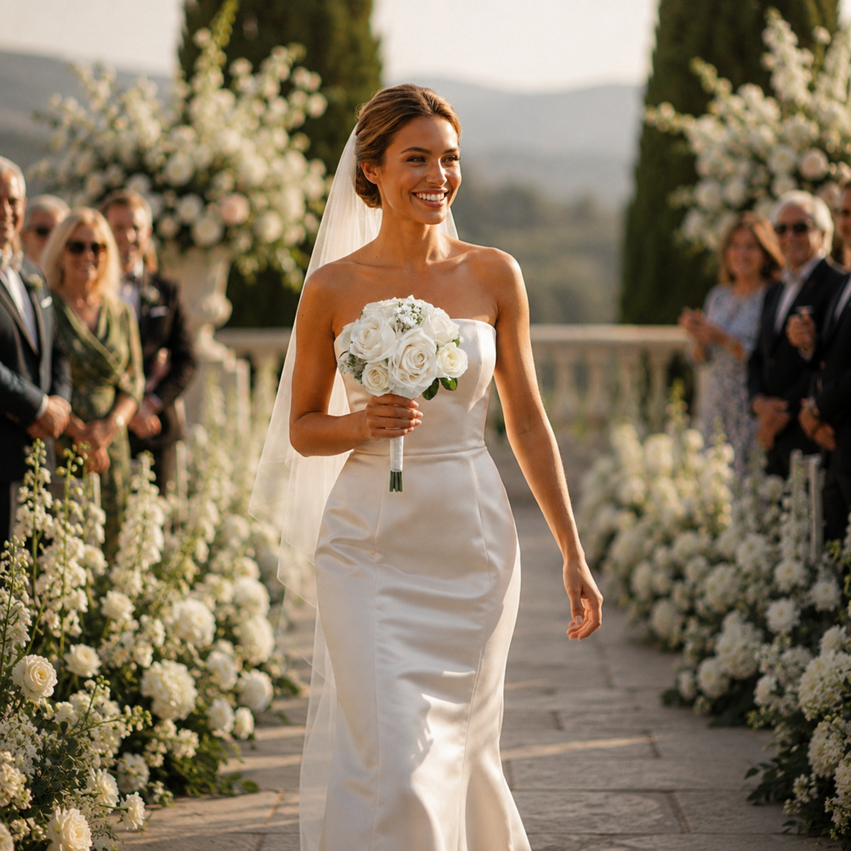 Bride walking down a flower-lined aisle at an outdoor ceremony holding a white rose bouquet