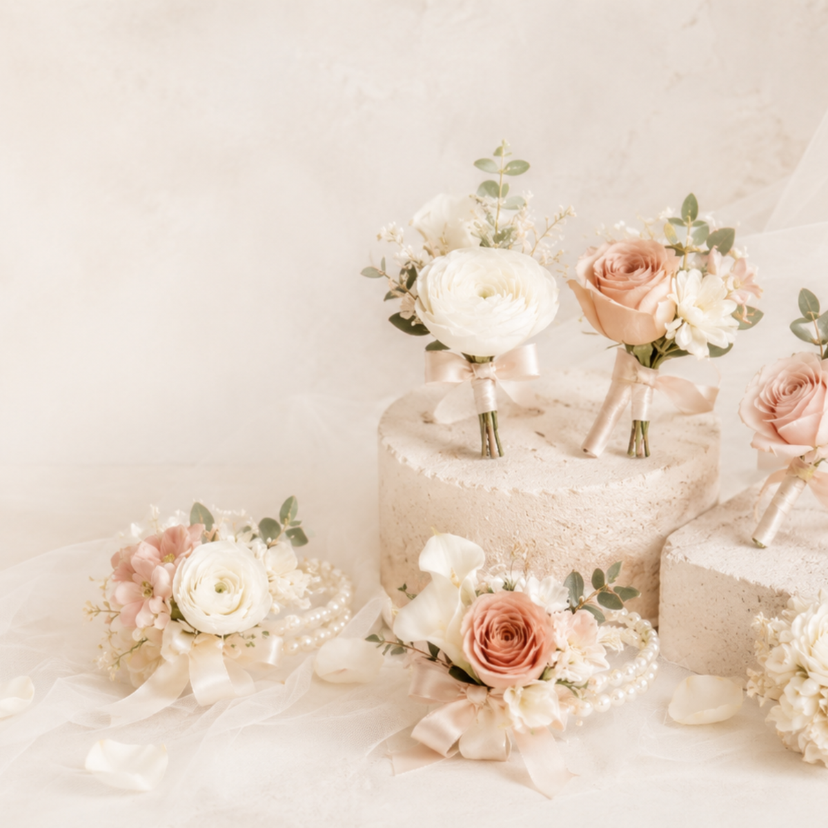 White and blush wedding boutonnieres and pearl wrist corsages displayed together