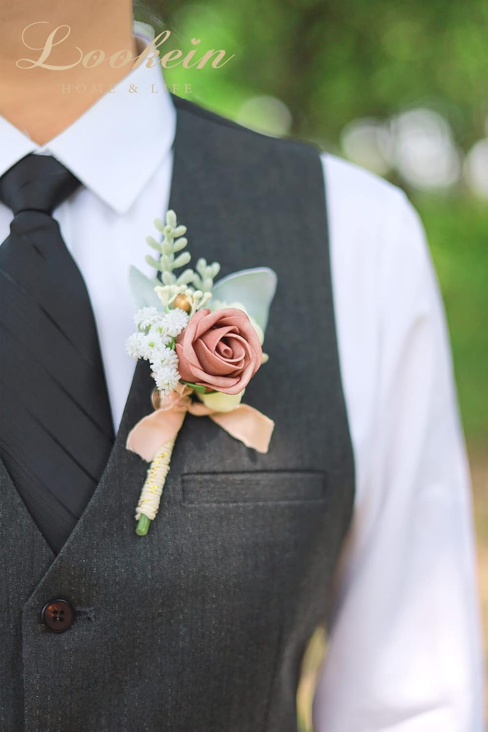 Set of 2 Wedding Boutonniere for Men Artificial Flowers Wedding Groom Groomsmen Boutonniere for Wedding Ceremony Anniversary Formal Dinner Party, Dusty Rose