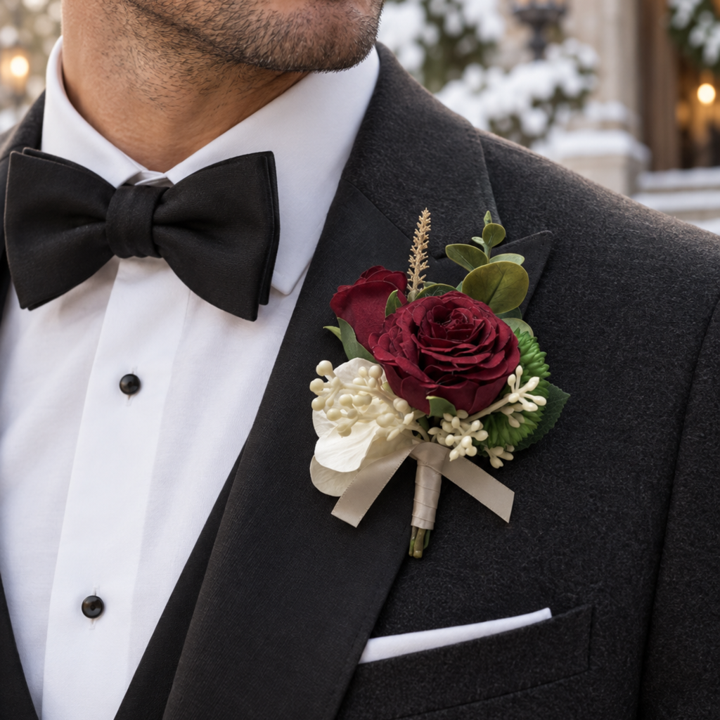 Burgundy Rose Wrist Corsage and Boutonniere Set