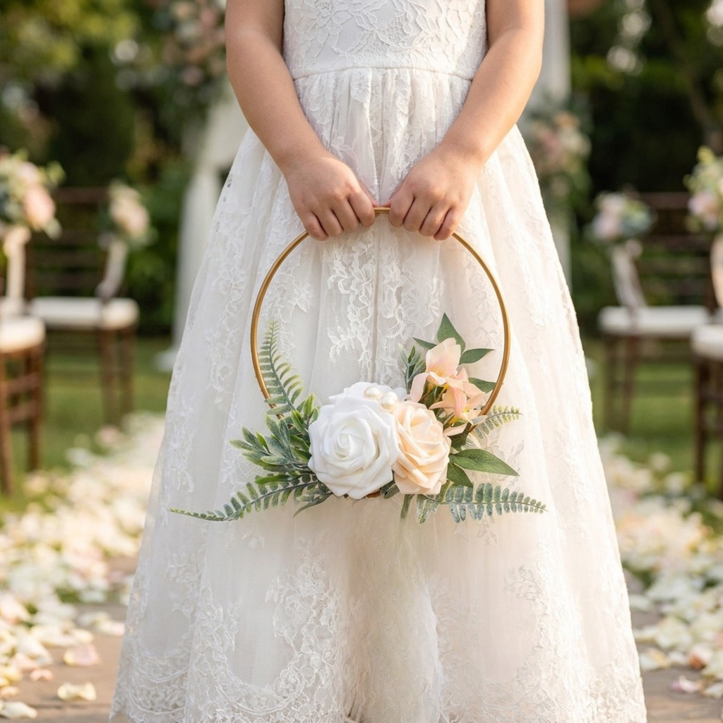 Petite Flower Girl Hoop Bouquet – Burgundy and Blush Wedding Flowers