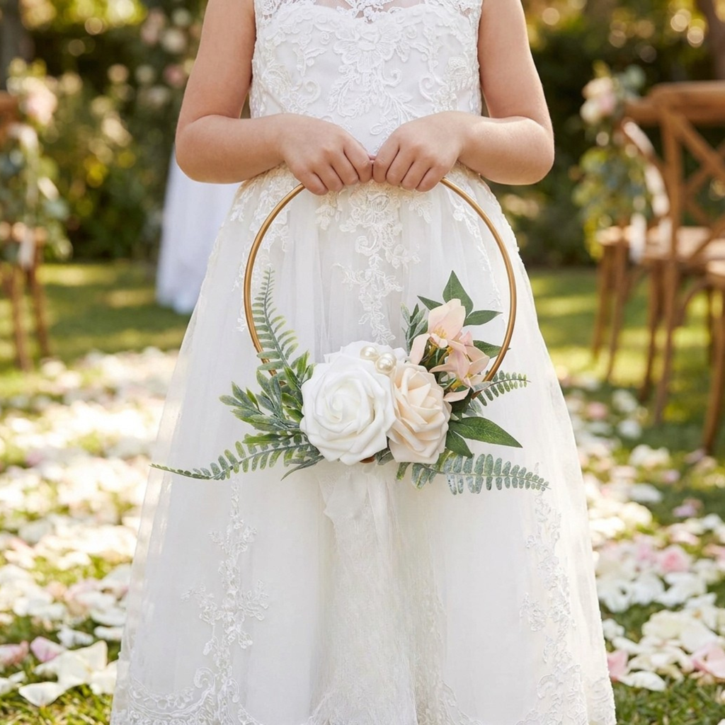 Petite Flower Girl Hoop Bouquet – Burgundy and Blush Wedding Flowers