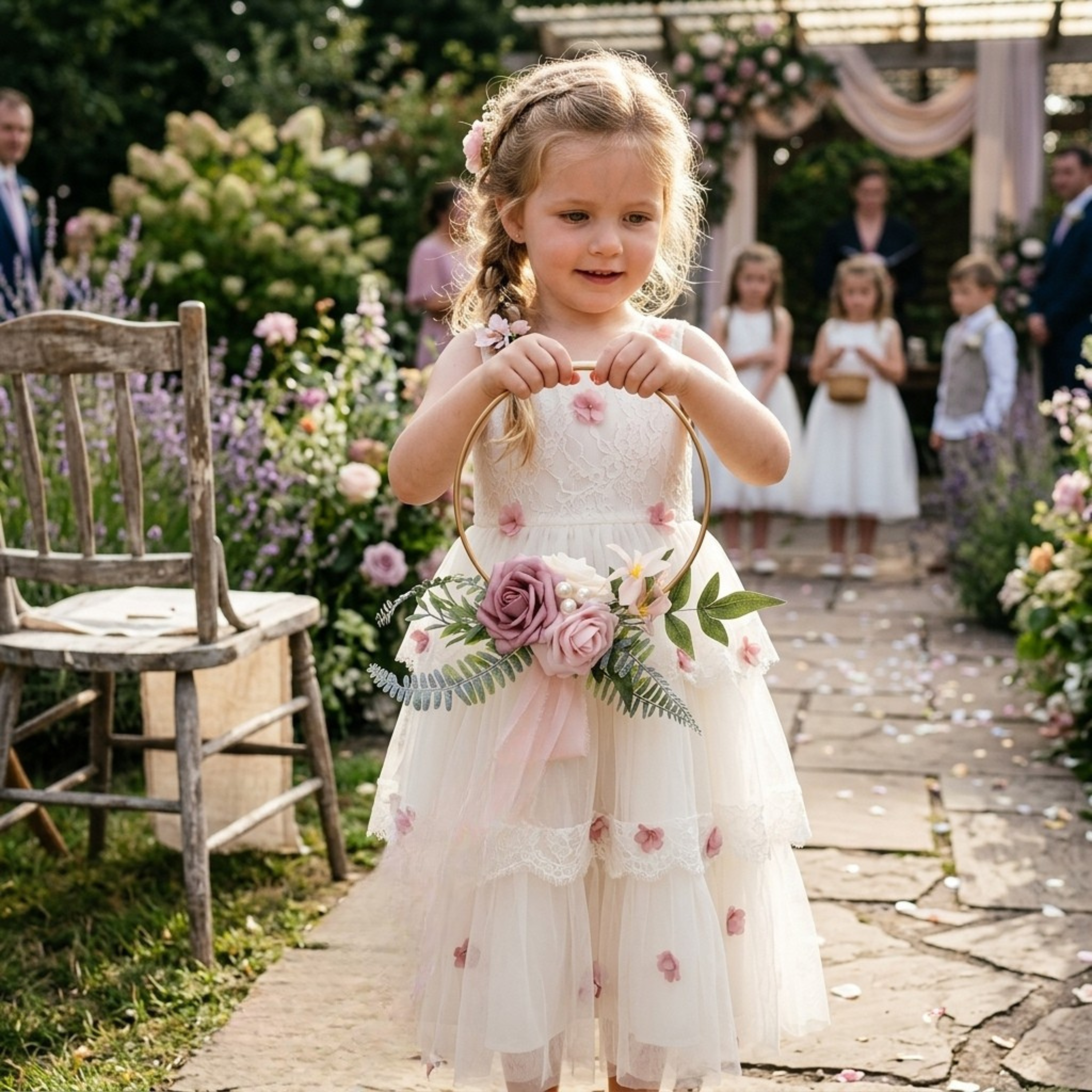 Petite Flower Girl Hoop Bouquet – Burgundy and Blush Wedding Flowers