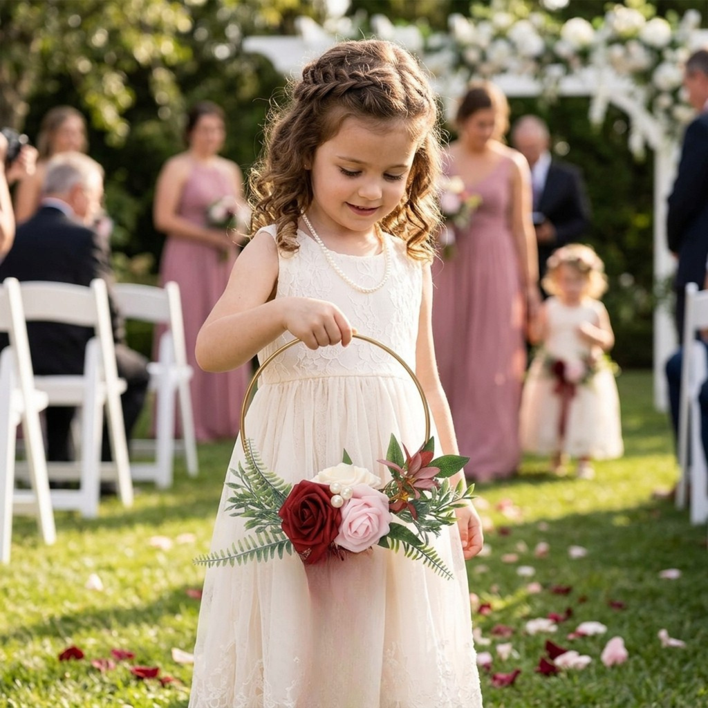 Petite Flower Girl Hoop Bouquet – Burgundy and Blush Wedding Flowers