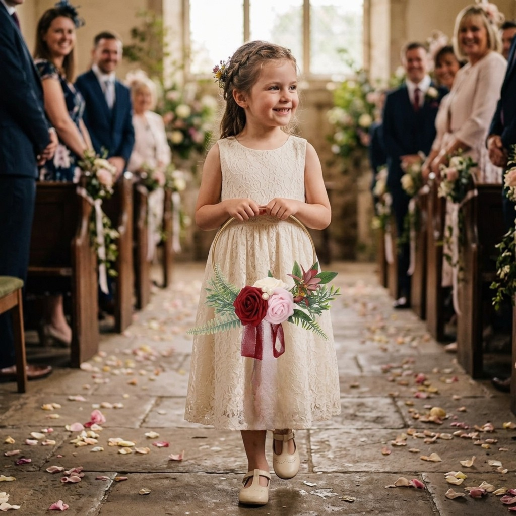 Petite Flower Girl Hoop Bouquet – Burgundy and Blush Wedding Flowers