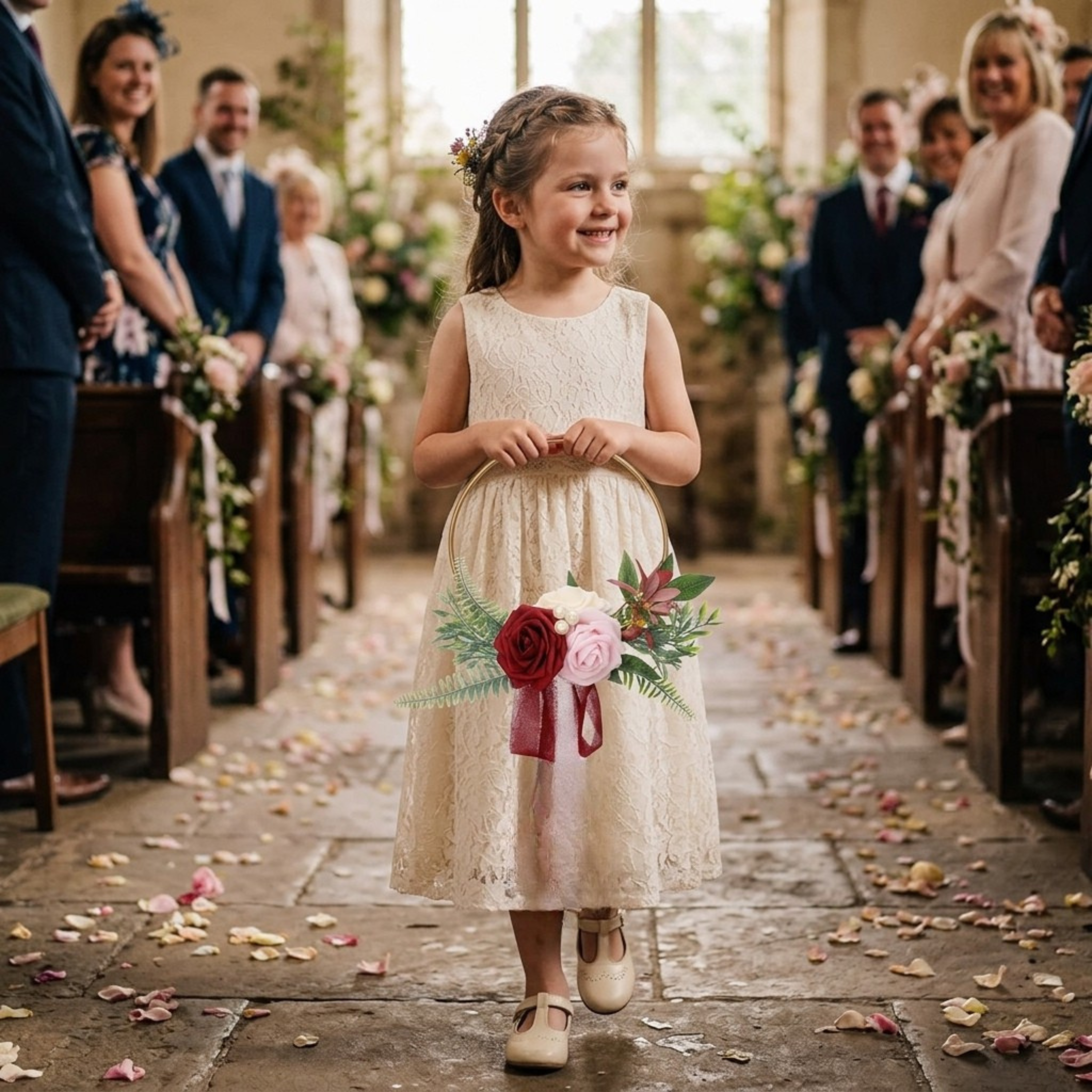 Petite Flower Girl Hoop Bouquet – Burgundy and Blush Wedding Flowers