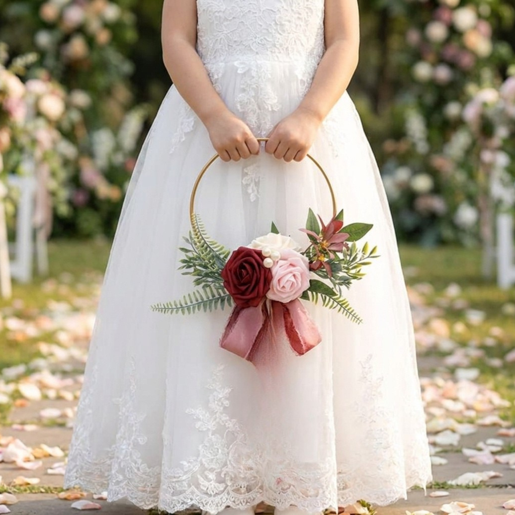 Petite Flower Girl Hoop Bouquet – Burgundy and Blush Wedding Flowers