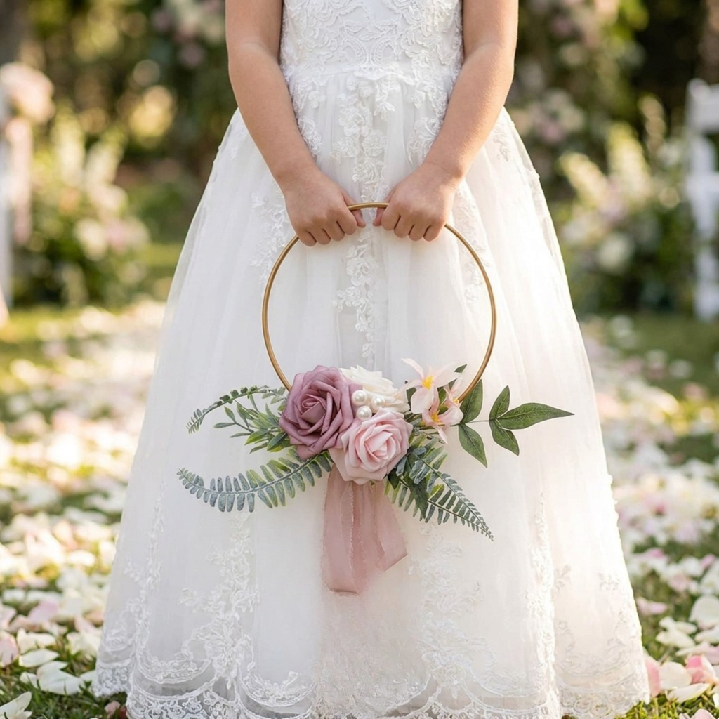 Petite Flower Girl Hoop Bouquet – Burgundy and Blush Wedding Flowers