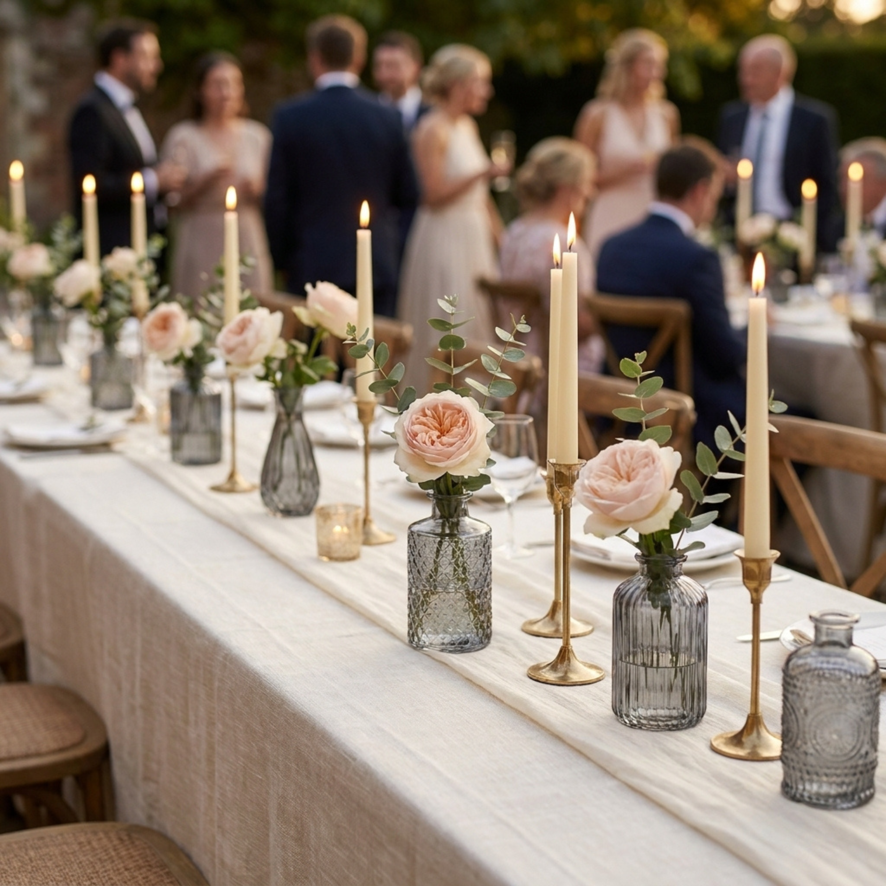 Black bud vases with soft pink and white flowers used as wedding table centerpieces