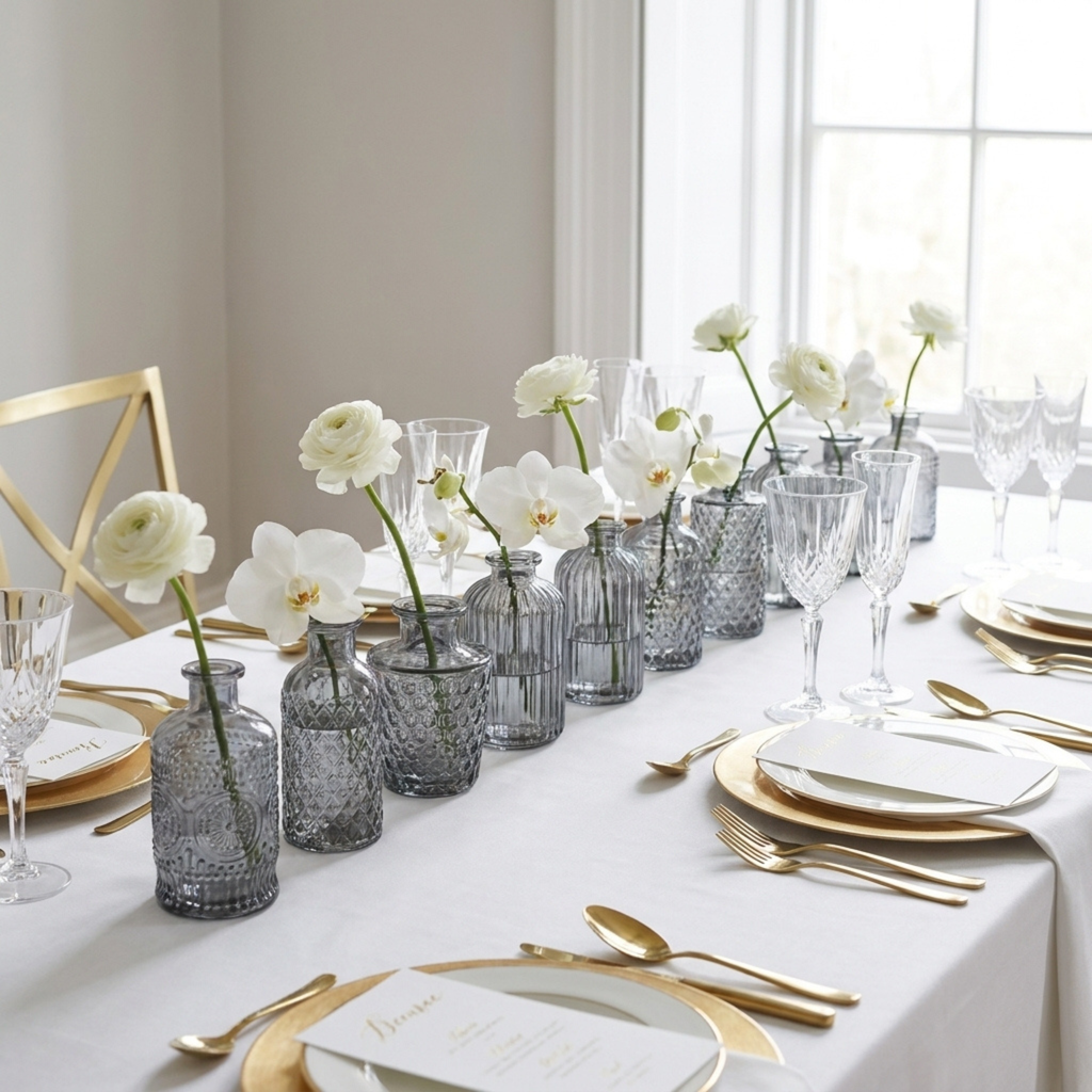 Small black glass vases with white flowers arranged along an elegant dining table