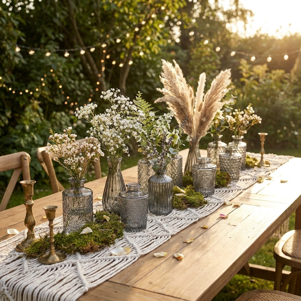 Mini black flower vases with wildflowers on an outdoor wooden wedding table
