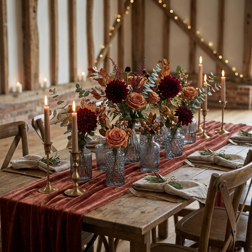 Black glass bud vases with autumn flowers decorating a rustic wedding dinner table