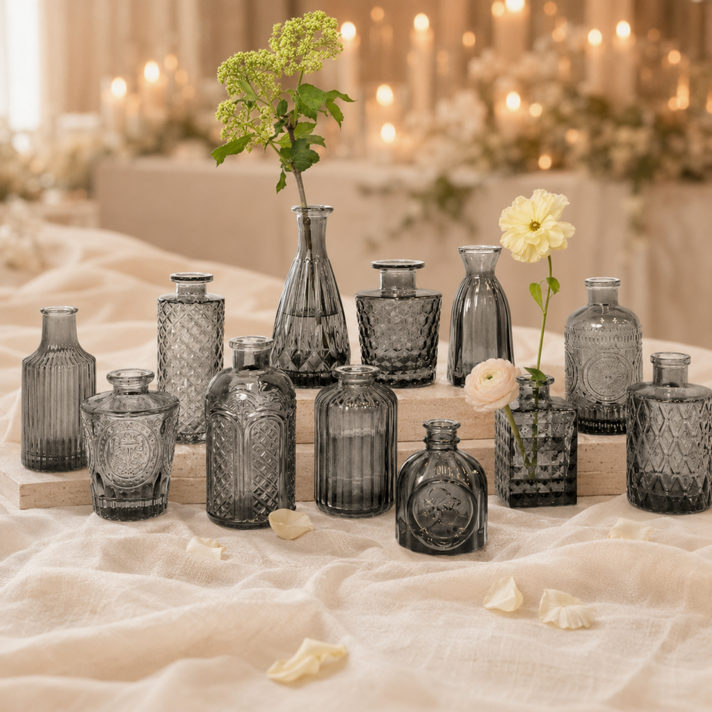 Vintage black bud vase set with small floral stems arranged on a neutral tablecloth