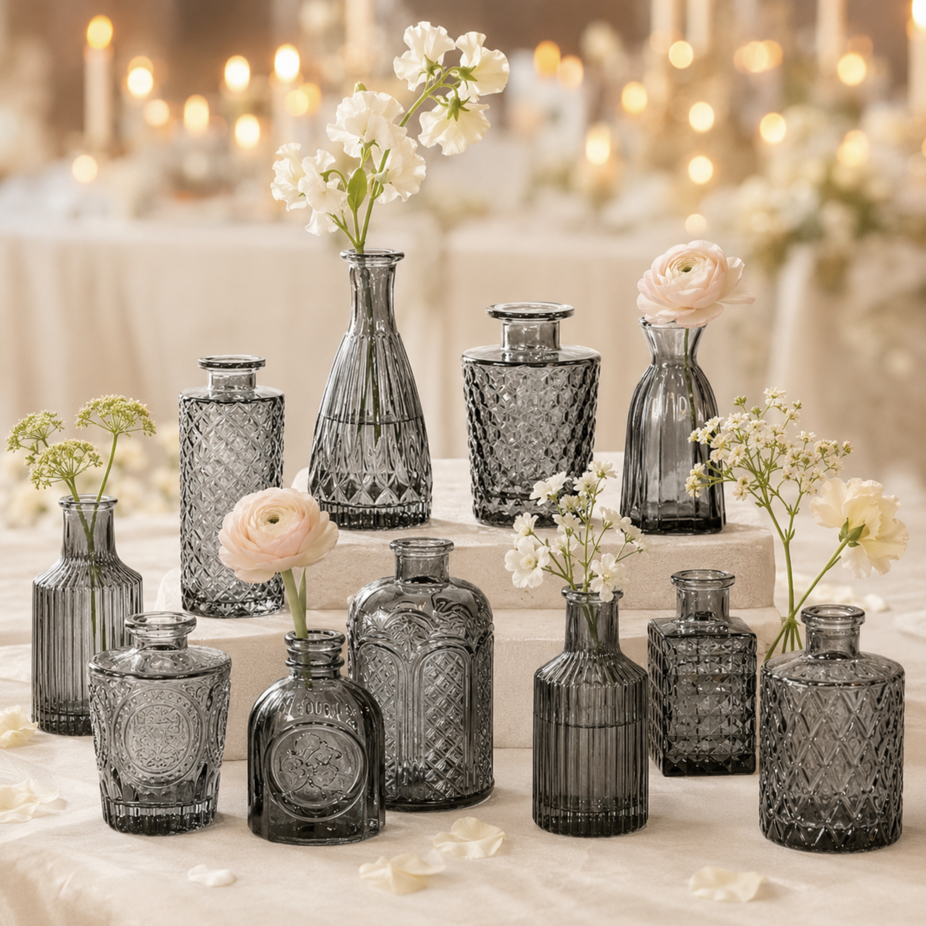 Assorted black glass bud vases with delicate flowers displayed on a softly lit reception table