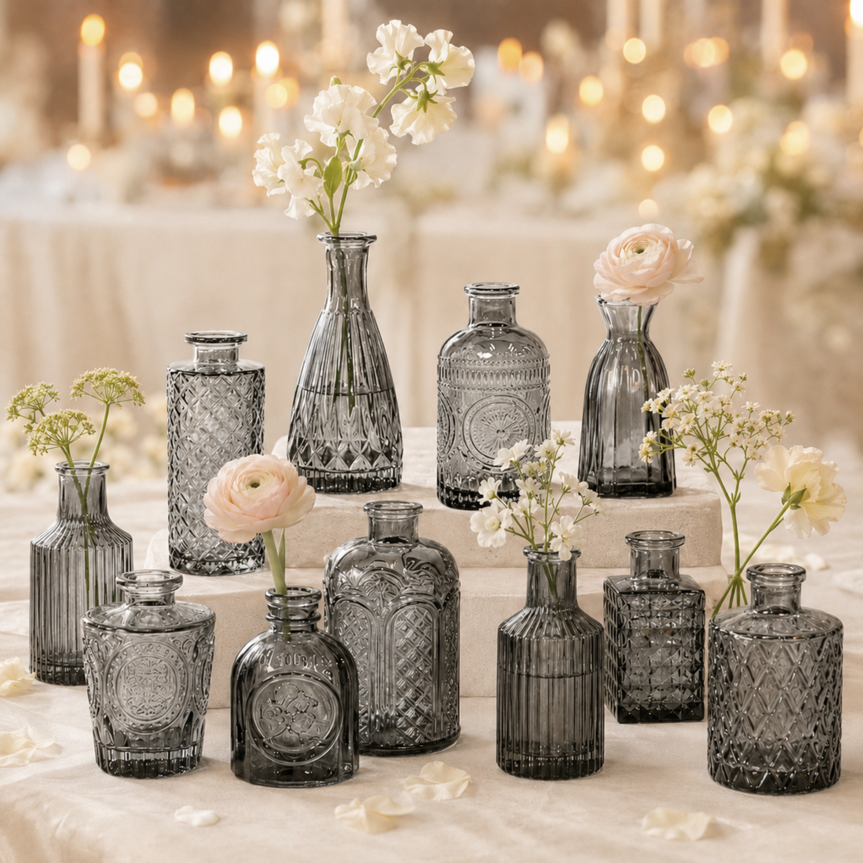 Set of 12 black glass bud vases with white and blush flowers on an elegant wedding table