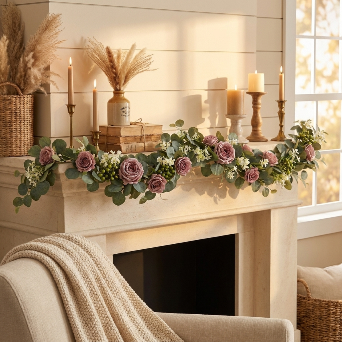 Dusty rose floral garland draped along a mantel with candles and dried pampas grass