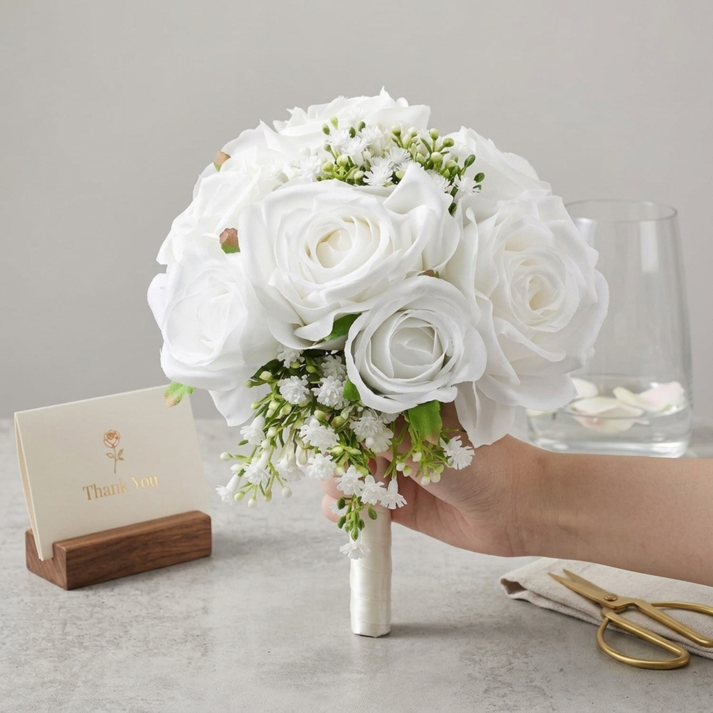 Additional view of white artificial bridesmaid bouquet set of six