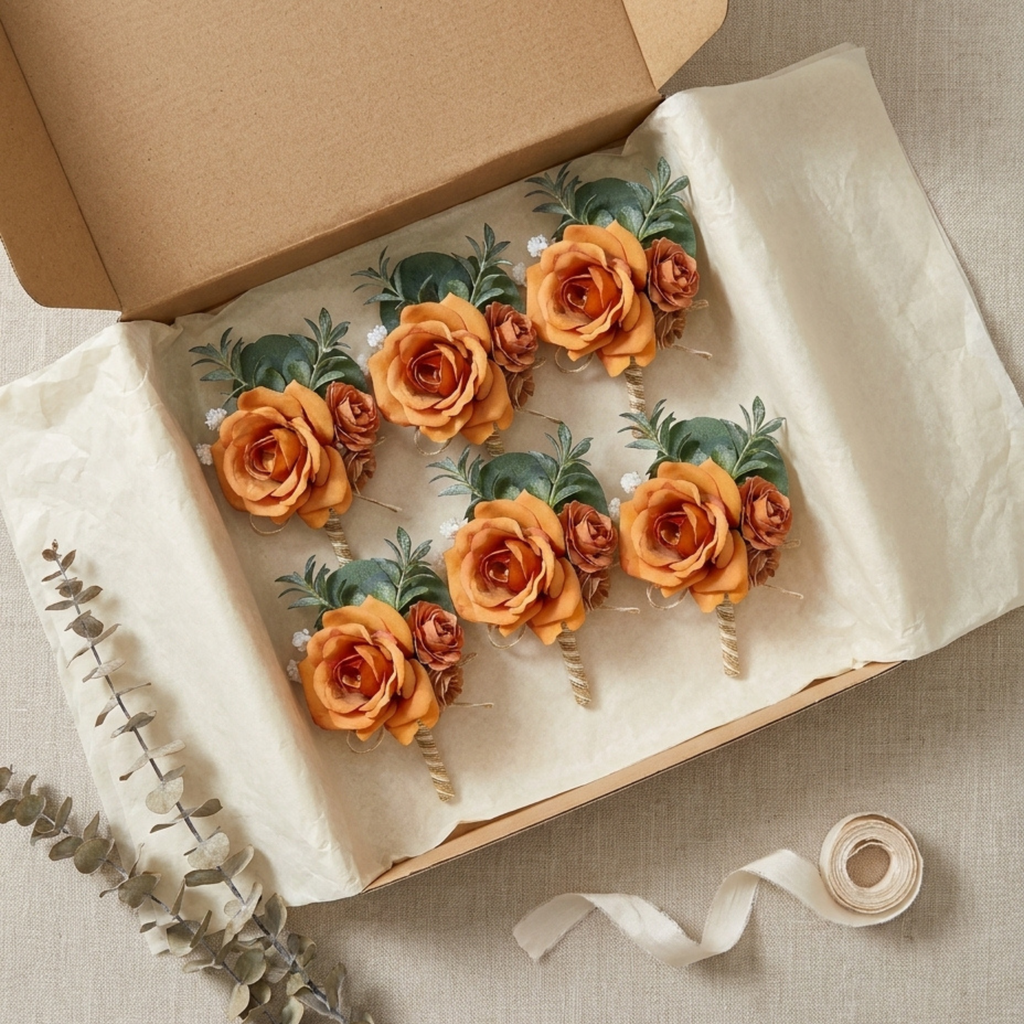 Six terracotta rose boutonnieres in an open gift box with tissue paper and ribbon