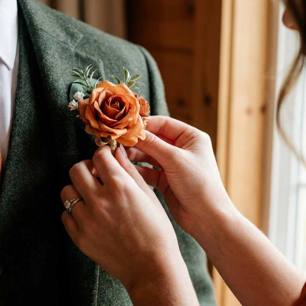 Bride pinning a terracotta rose boutonniere onto a groomsman's olive green suit lapel