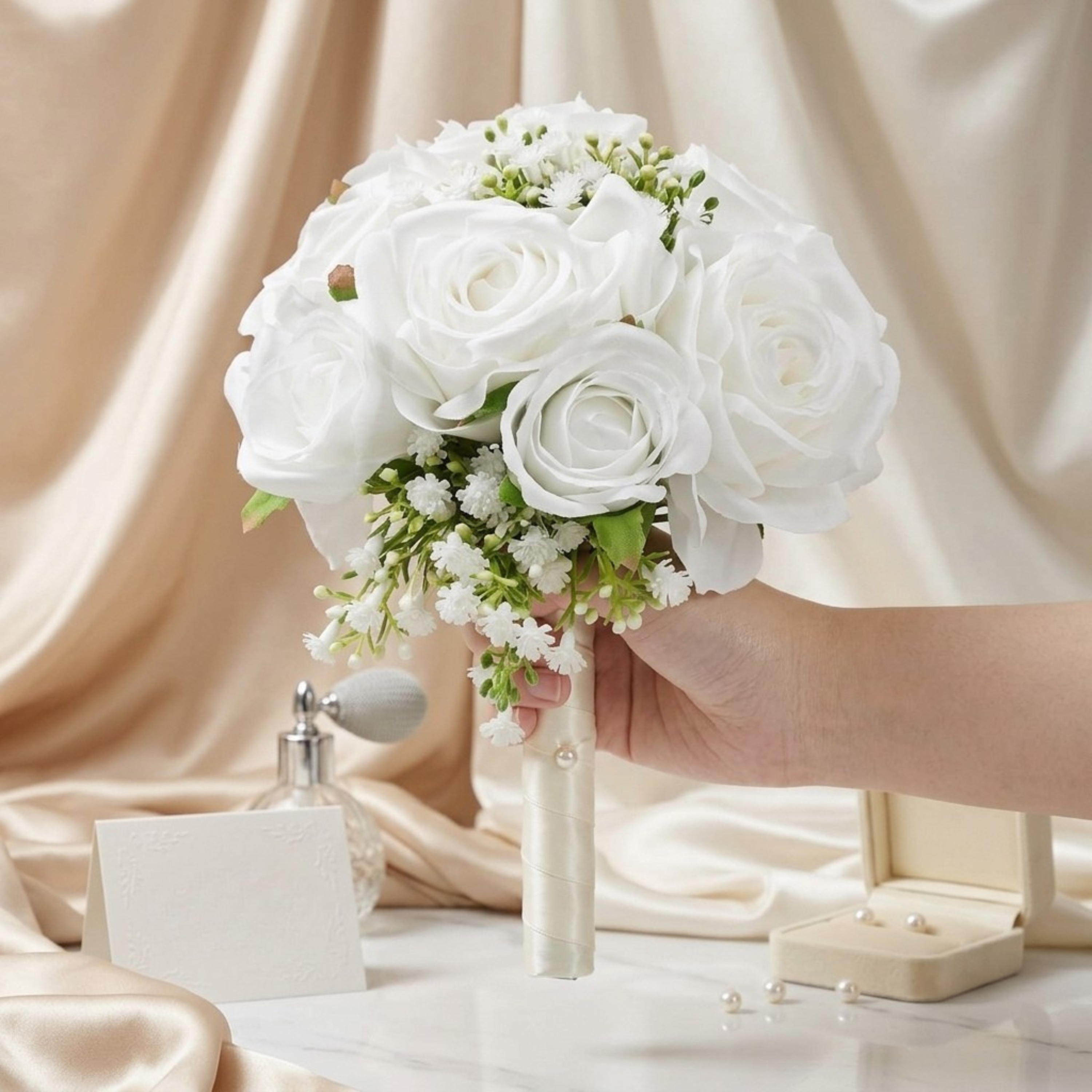 Additional view of white artificial bridesmaid bouquet set of six