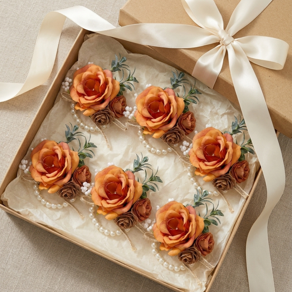 Six terracotta wrist corsages with pearl bracelets in a gift box tied with ivory ribbon