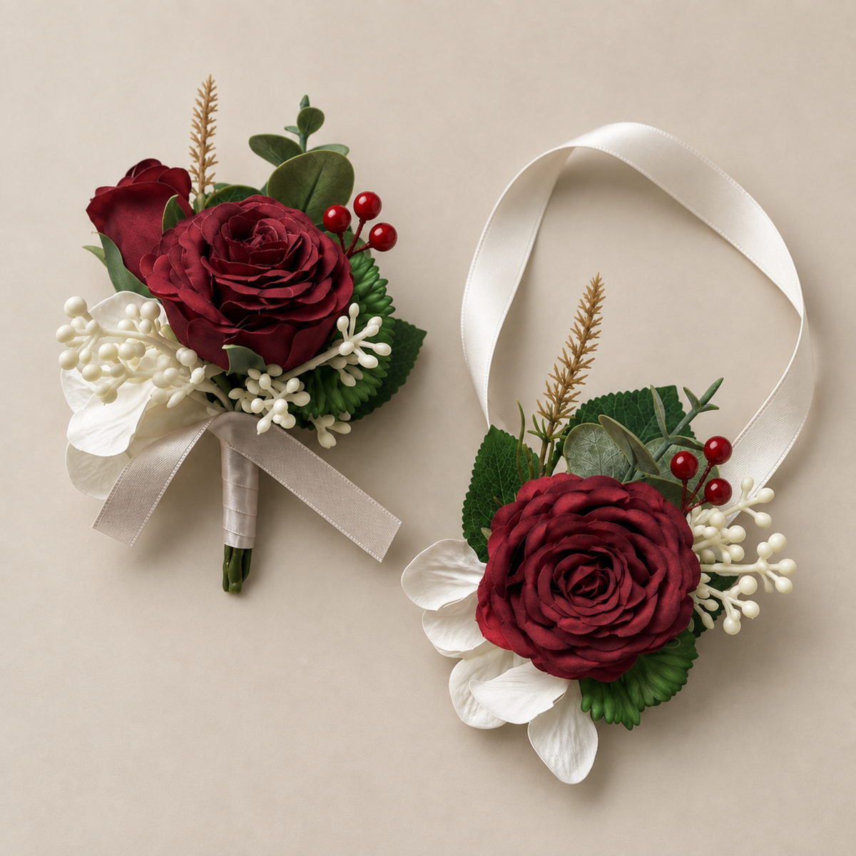 Burgundy Rose Wrist Corsage and Boutonniere Set