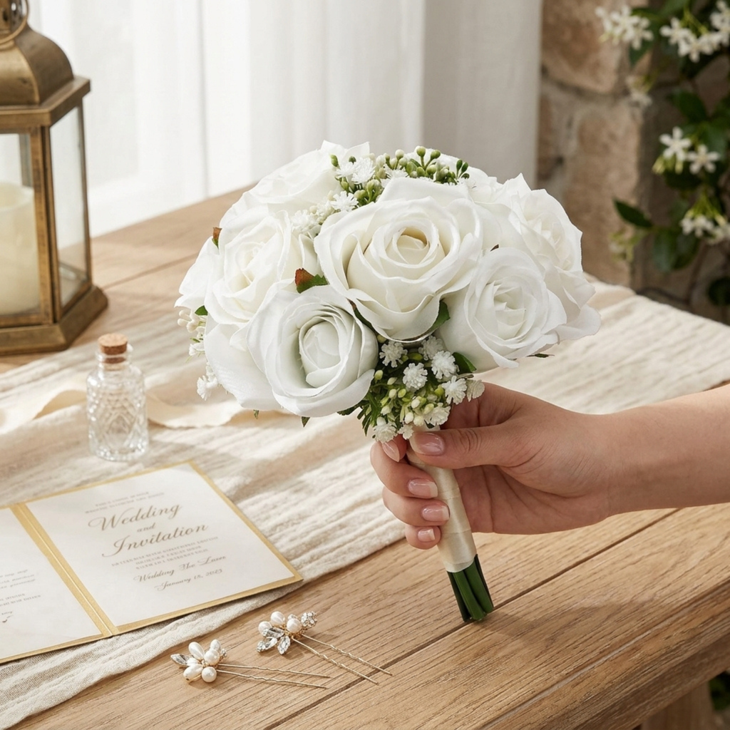 Additional view of white artificial bridesmaid bouquet set of six