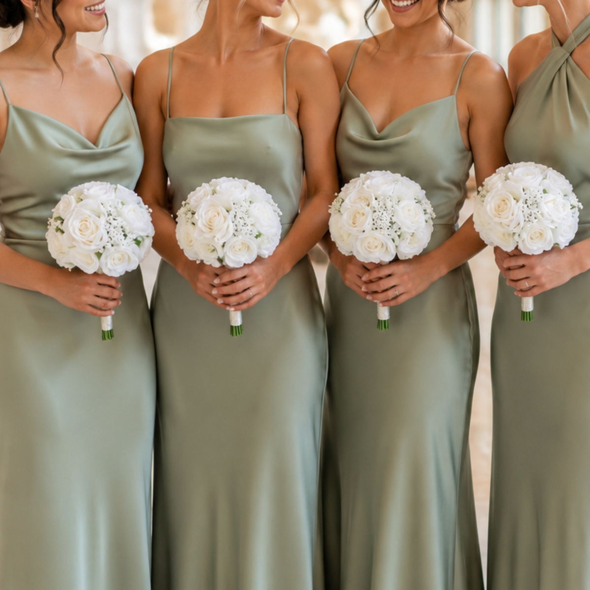 Four bridesmaids in sage green dresses holding round white silk rose bouquets