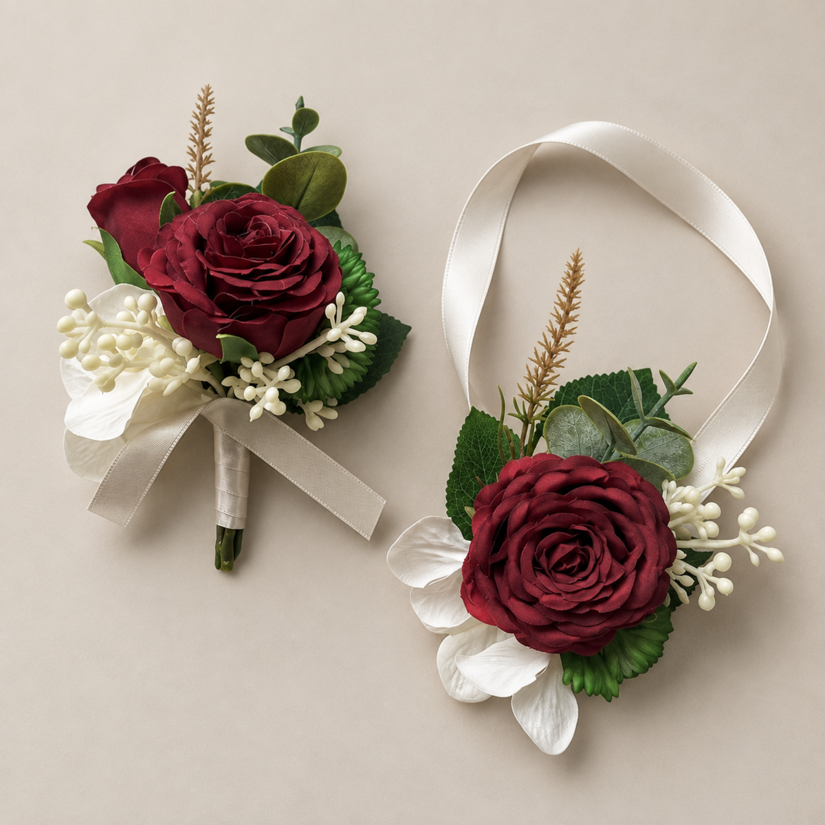 Burgundy Rose Wrist Corsage and Boutonniere Set