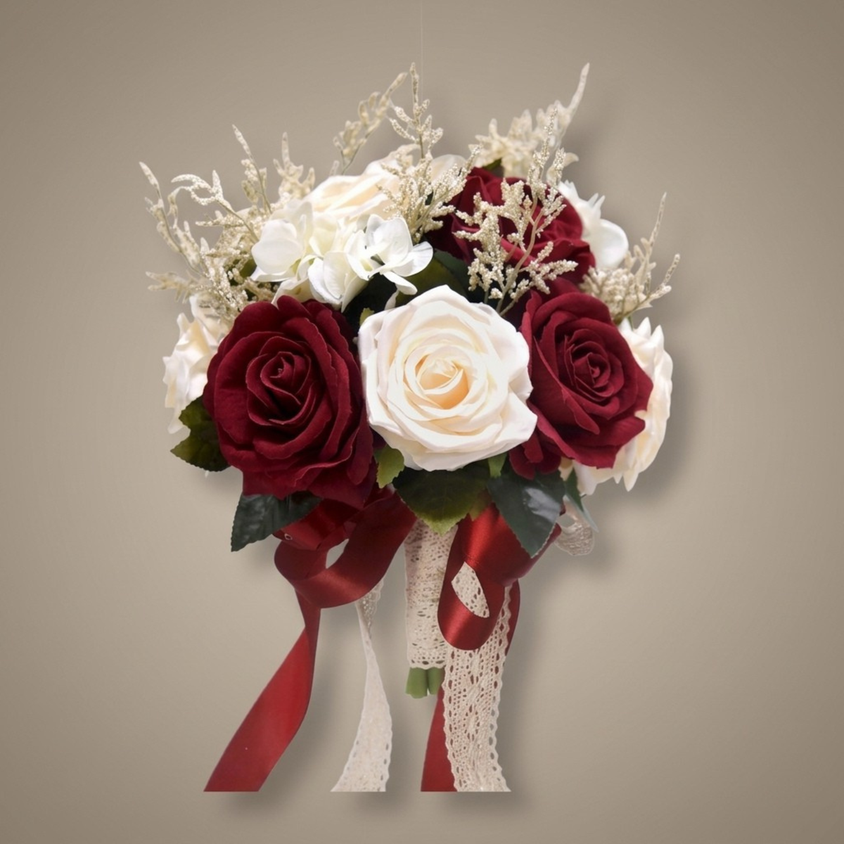 Burgundy and ivory rose bridal bouquet with white hydrangea, champagne sprigs and lace ribbon