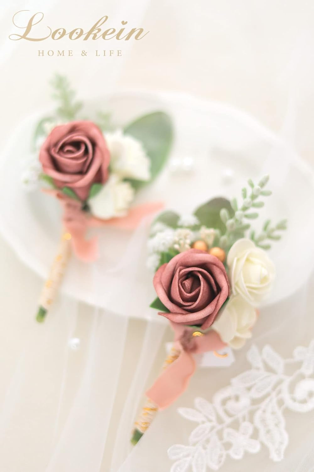 Set of 2 Wedding Boutonniere for Men Artificial Flowers Wedding Groom Groomsmen Boutonniere for Wedding Ceremony Anniversary Formal Dinner Party, Dusty Rose