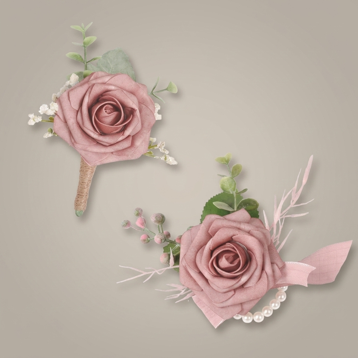 Dusty rose boutonniere and matching wrist corsage with pearl bracelet on a neutral background
