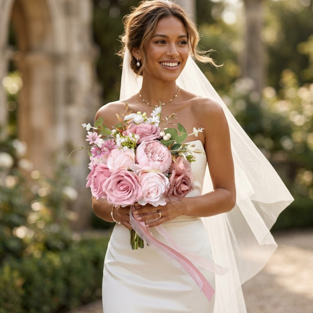 Bride in a strapless gown and veil holding a blush and mauve artificial bouquet in a sunlit garden