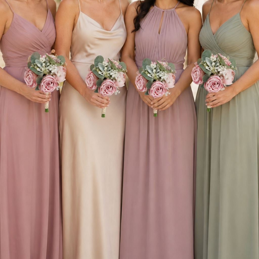 Four bridesmaids in mauve, ivory, dusty rose, and sage dresses each holding a dusty pink peony bouquet