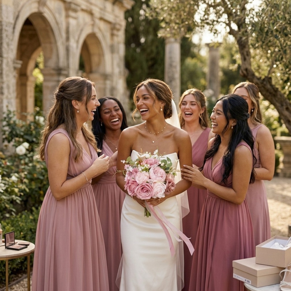 Bride holding a dusty pink faux bouquet, surrounded by laughing bridesmaids in mauve chiffon dresses