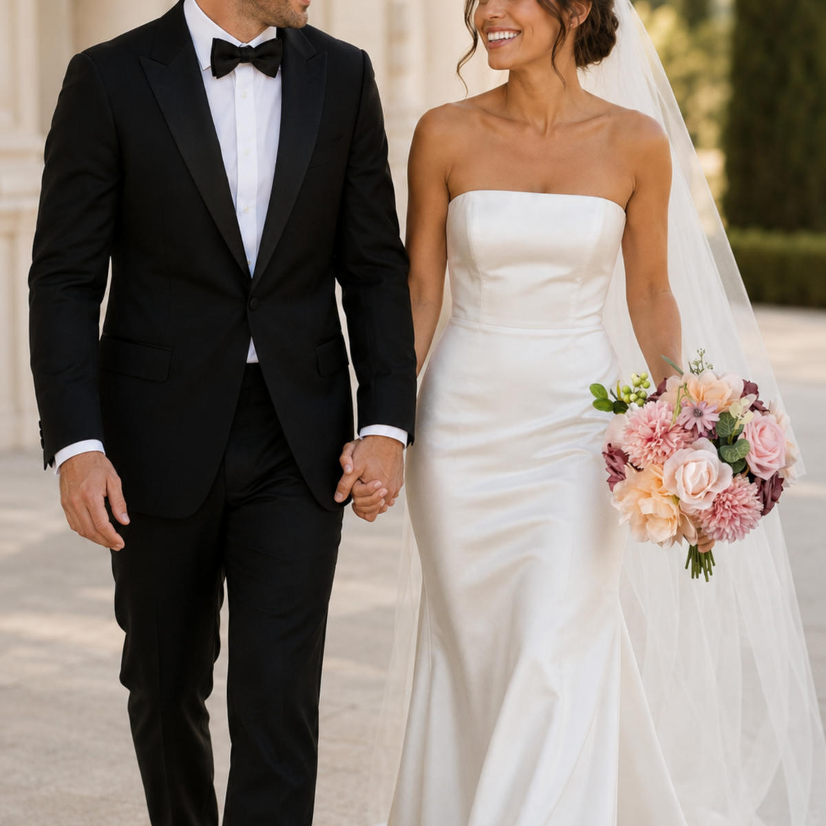 Bride and groom walking hand in hand, bride holding a blush, peach and mauve silk rose bouquet