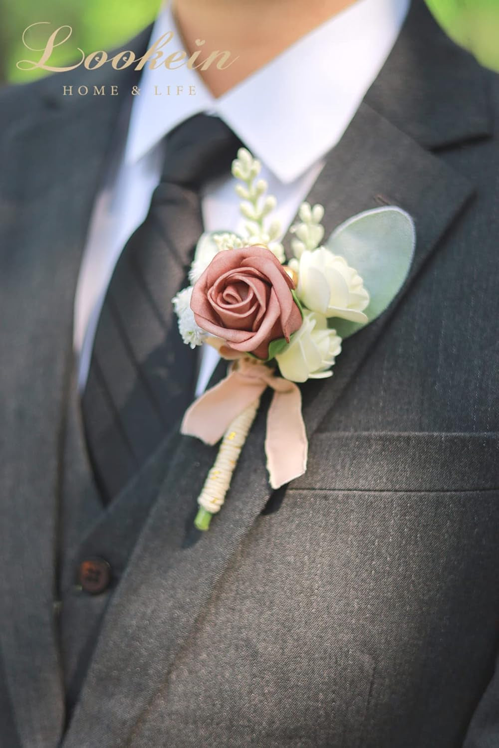Set of 2 Wedding Boutonniere for Men Artificial Flowers Wedding Groom Groomsmen Boutonniere for Wedding Ceremony Anniversary Formal Dinner Party, Dusty Rose