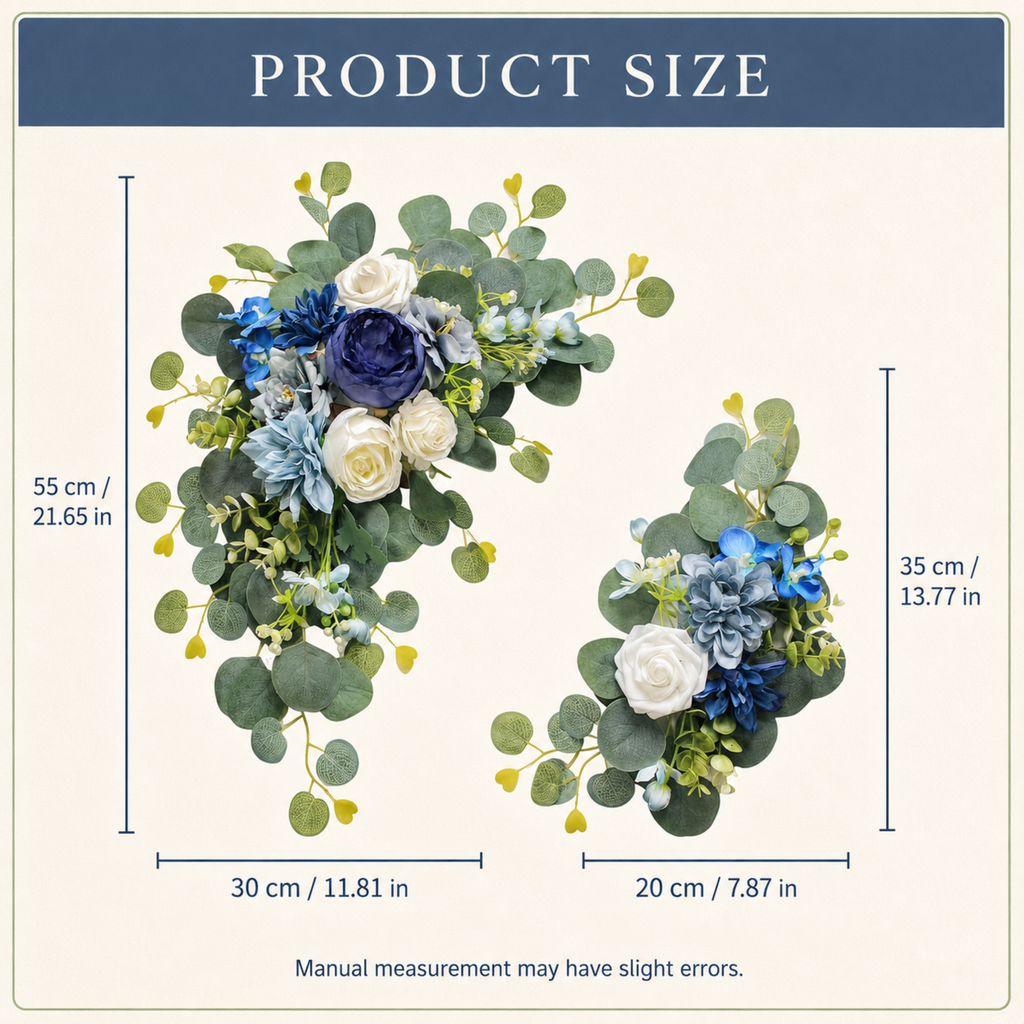 Additional view of blue and white wedding arch flower swags set of two