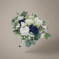 Navy blue and white rose bridal bouquet with eucalyptus greenery