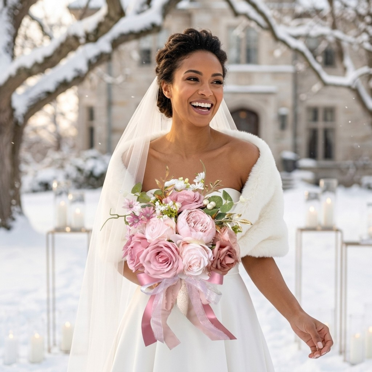Smiling bride in a white faux fur stole holding a pink silk flower bouquet at a snowy outdoor winter wedding