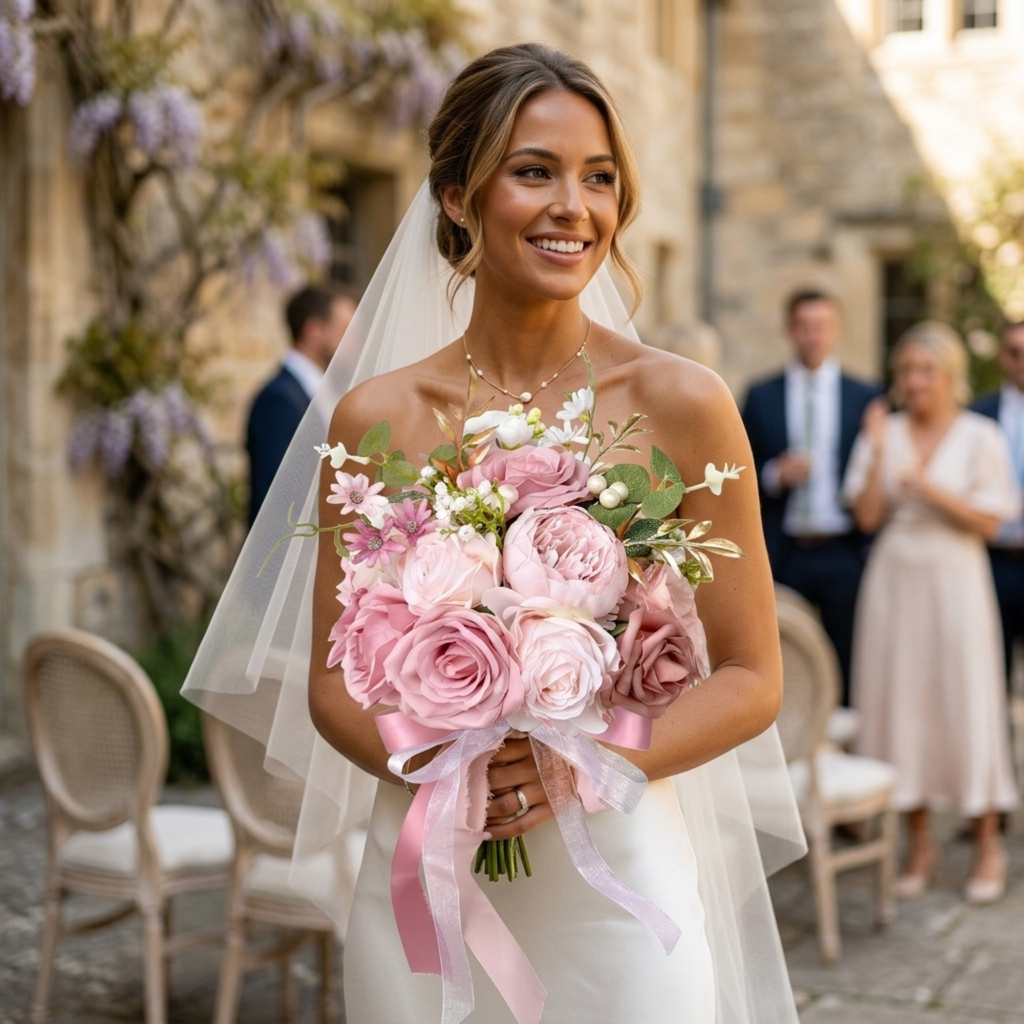 Bride in a stone courtyard holding a dusty pink rose and peony bouquet with pink satin ribbons