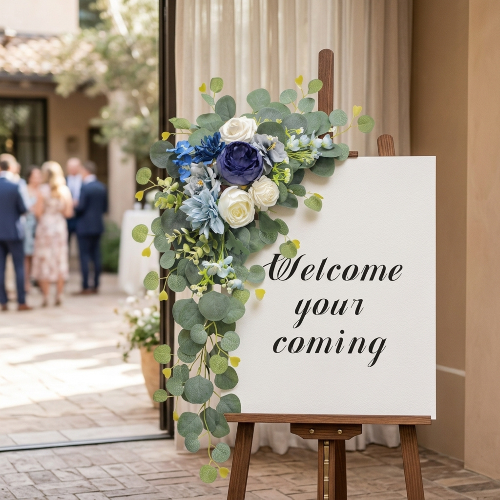 Additional view of blue and white wedding arch flower swags set of two