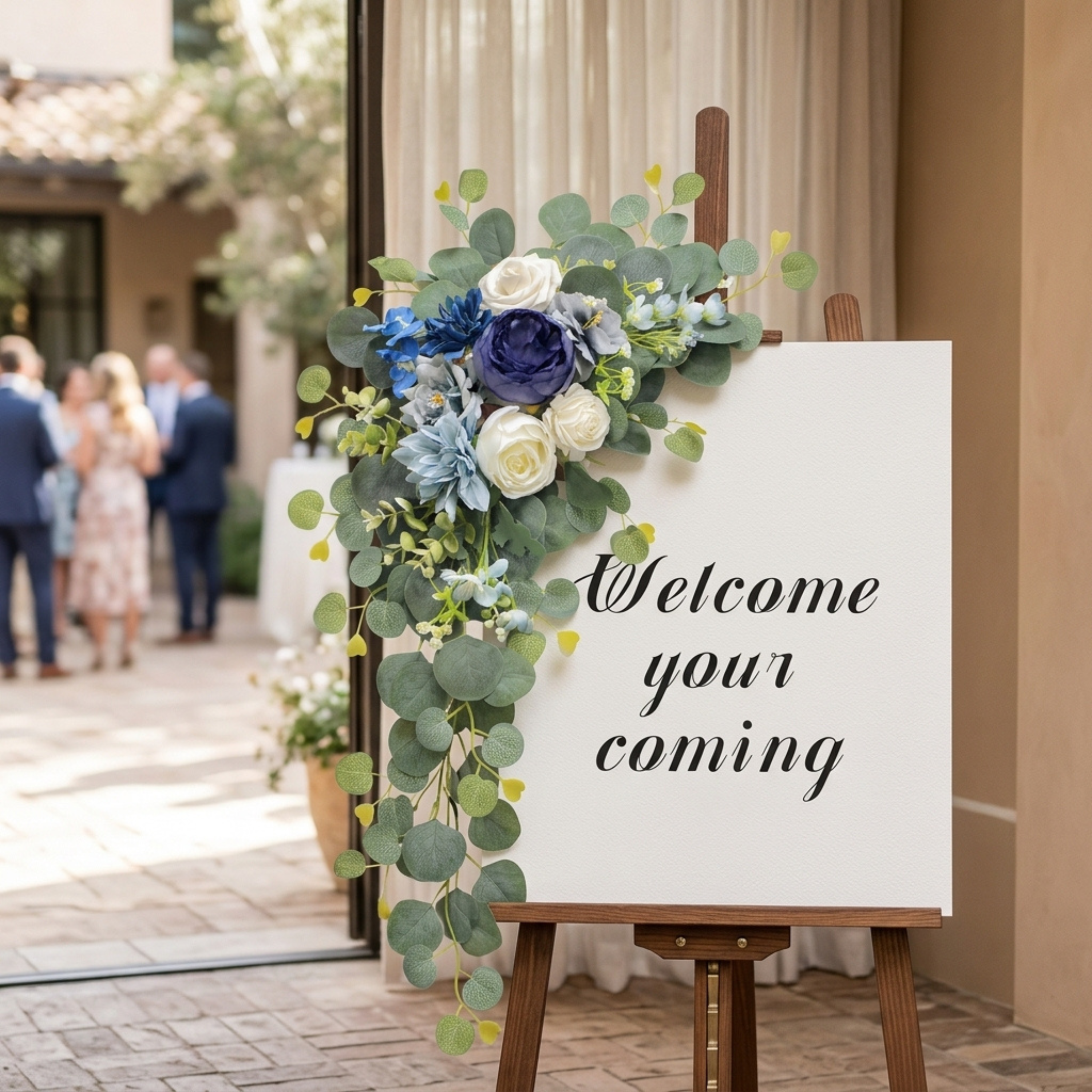 Additional view of blue and white wedding arch flower swags set of two