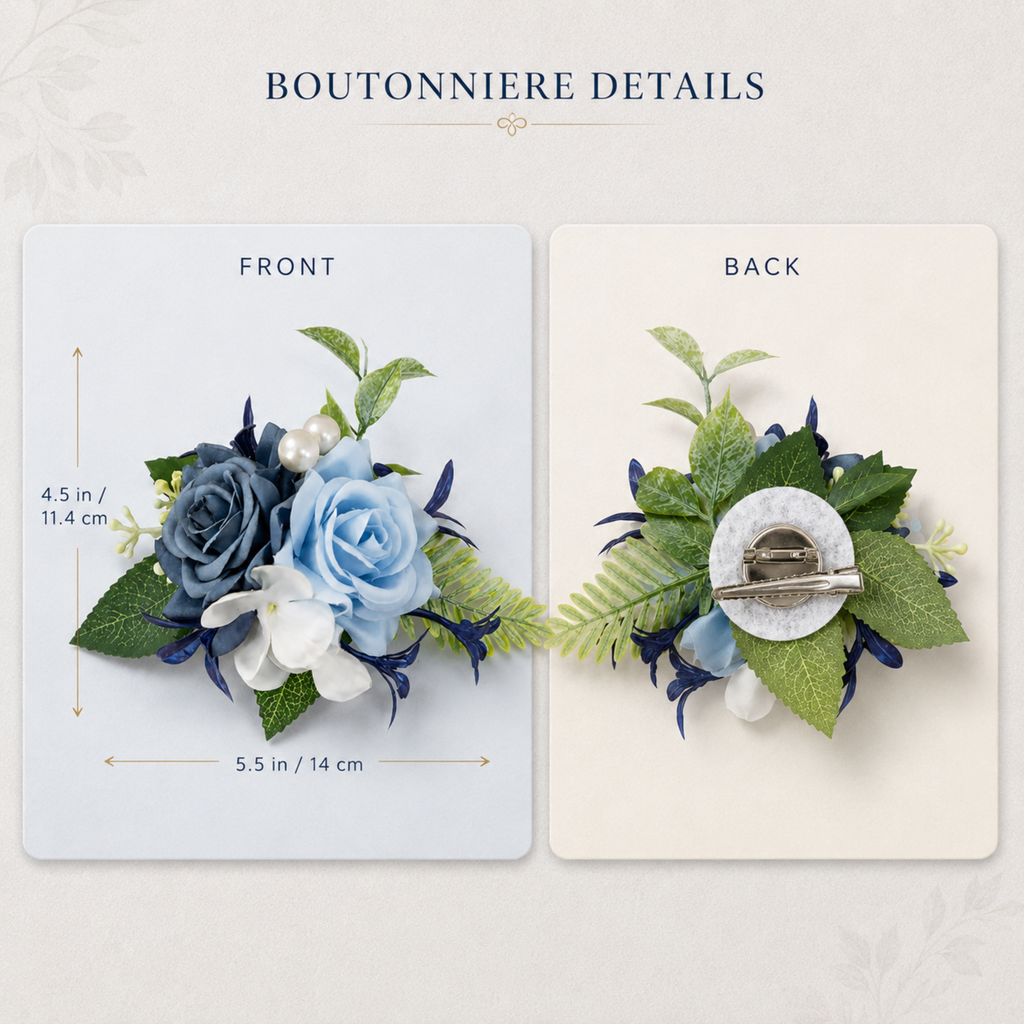 Dusty blue and navy boutonniere shown front and back with pin backing, measuring 5.5 x 4.5 inches