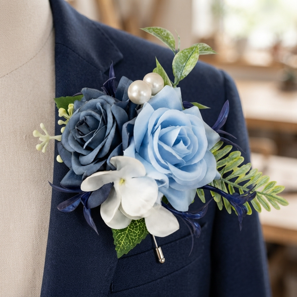 Dusty blue and navy rose boutonniere with white flowers and pearl accents pinned to a navy suit lapel